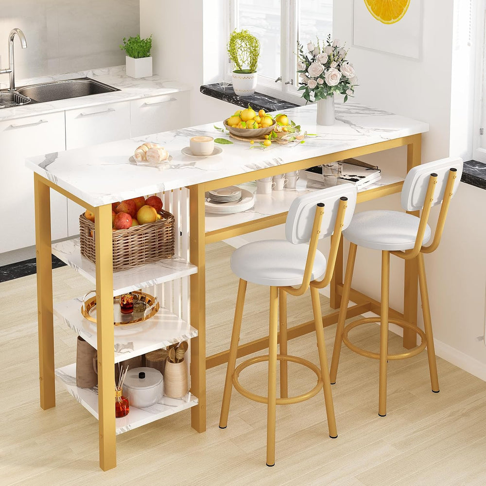 AWQM 3-Piece Bar Table and Chairs Set, Modern White Faux Marble Table with 2 ...