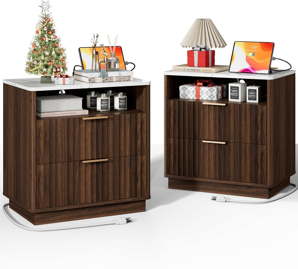 Large Fluted Night Stand Set of 2 with Charging Station, 23" Modern End Table with Faux Marble Top, 2 Drawers Side Table with Storage, Nightstand for Bedroom, Curved Profile Design (Walnut)