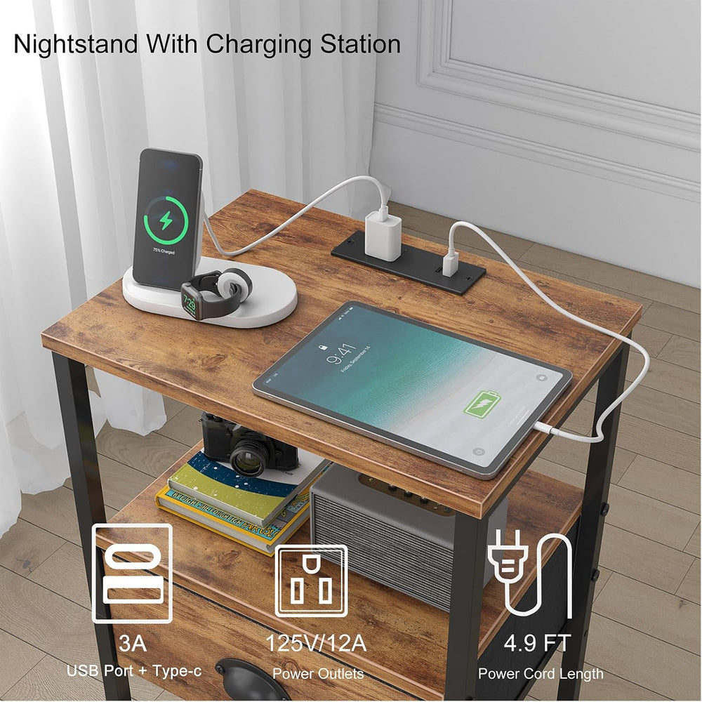 sthmec Nightstands Set of 2, Night Stands with Charging Station and Fabric Dr...