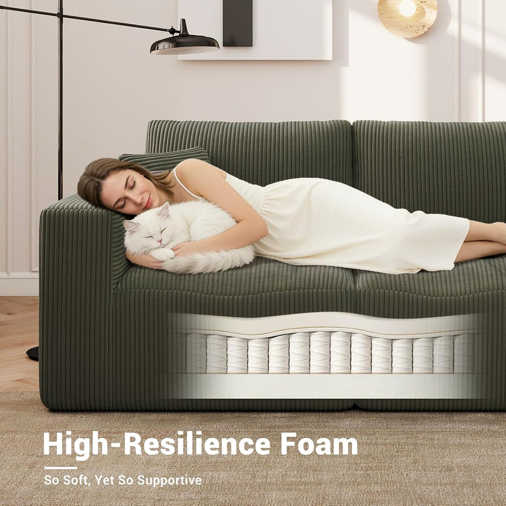 Modern Single Boneless Sofa Couches for Living Room - 39" Cloud Couch - Easy Assembly, Cozy Corduroy Convertible Full Sponge Compression Sofas for House, Apartment(Green)