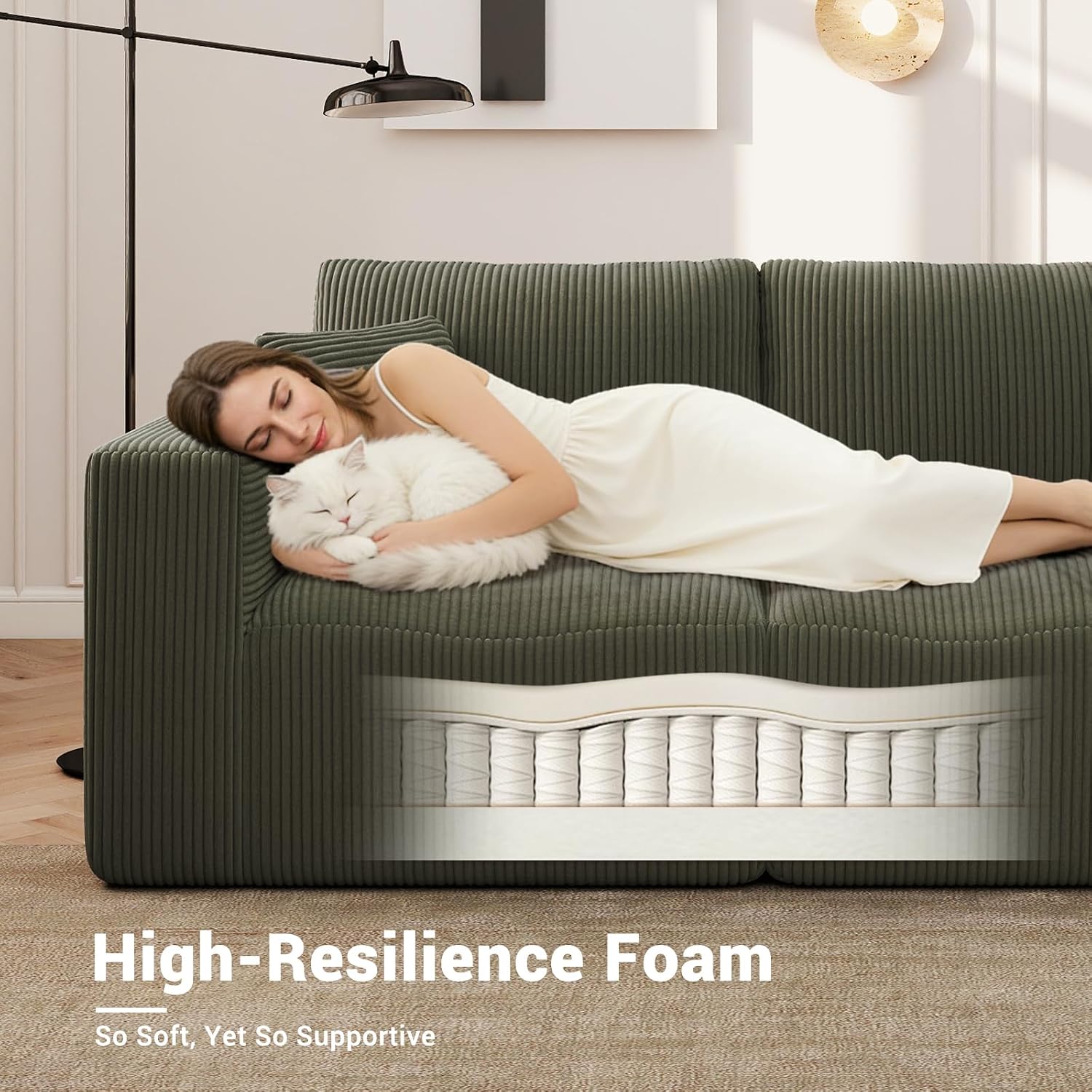 Modern Single Boneless Sofa Couches for Living Room - 39" Cloud Couch - Easy Assembly, Cozy Corduroy Convertible Full Sponge Compression Sofas for House, Apartment(Green)