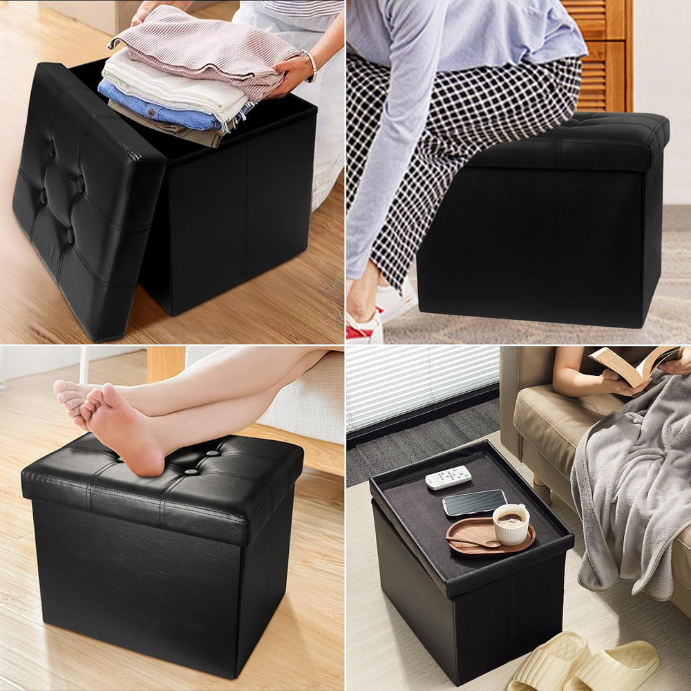AmasSmile Storage Ottoman Folding Foot Rest Stool, Leather Footstool Bench, S...