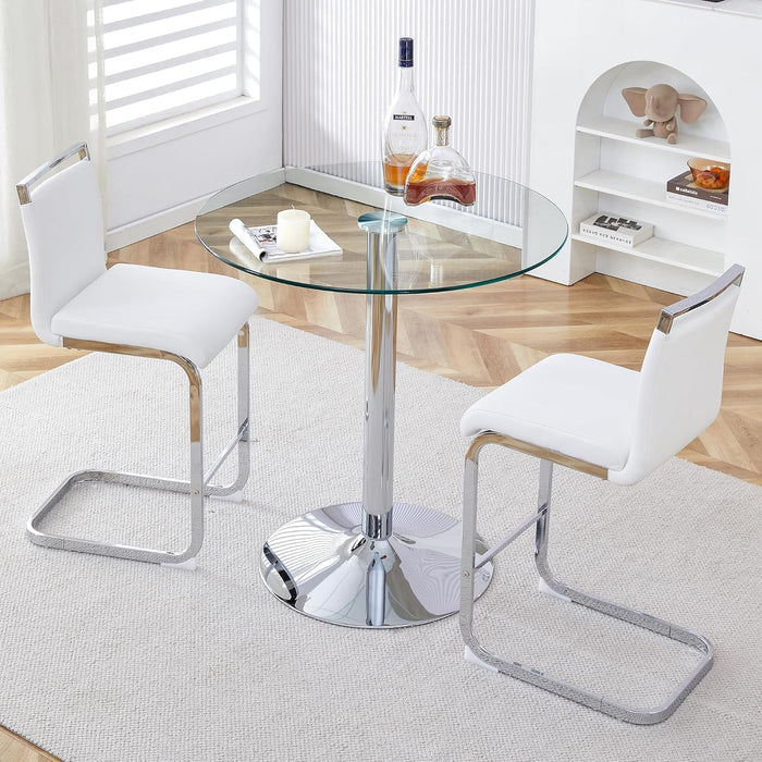 gopop 3 Piece Dining Table Set for 2, Modern Round Glass Counter Height Pub Table, Compact High Top with Bar Stools Pub Dining Set for Kitchen, Breakfast Room, Dining Room. (White, 3 Piece)