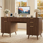 Alohappy 59" Fluted Executive Desk with 5 Drawers & Charging Station, Large Wood Computer Desk with File Drawer and Storage Cabinet, Modern Home Office Desk with Power Outlet for Study, Walnut