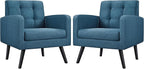 Yaheetech Mid-Century Accent Chairs, Modern Upholstered Living Room Chair, Cozy Armchair Button Tufted Back and Wood Legs for Bedroom/Office/Cafe, Set of 2, Navy Blue