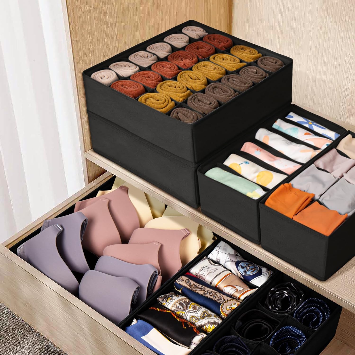 Criusia Drawer Organizer Clothes, 16 Pack Dresser Organizer Bins for Baby Clothes, Underwear Sock, Fabric Closet Organization and Storage Dividers for Nursery Bedroom (96 Compartments, Black)