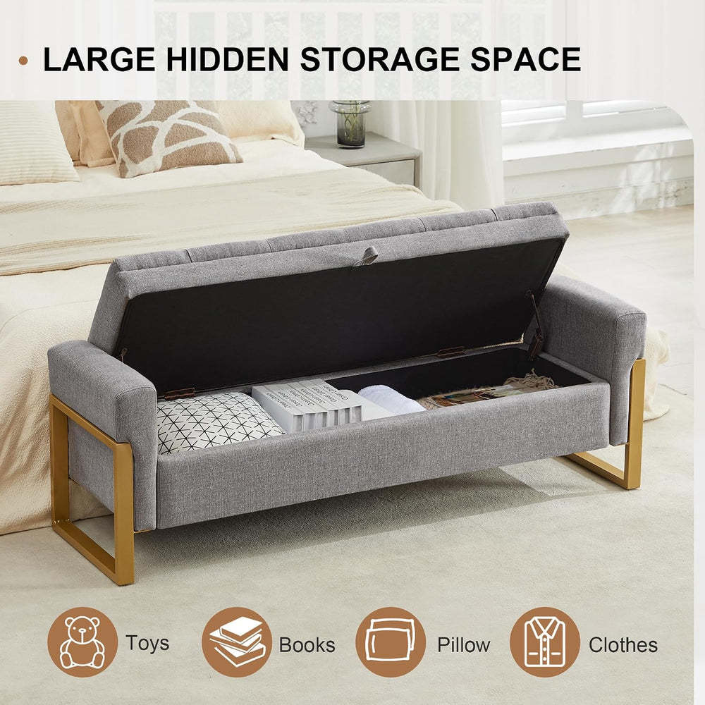 57" Storage Ottoman Bench，Upholstered Linen End of Bed Bench Entryway St...