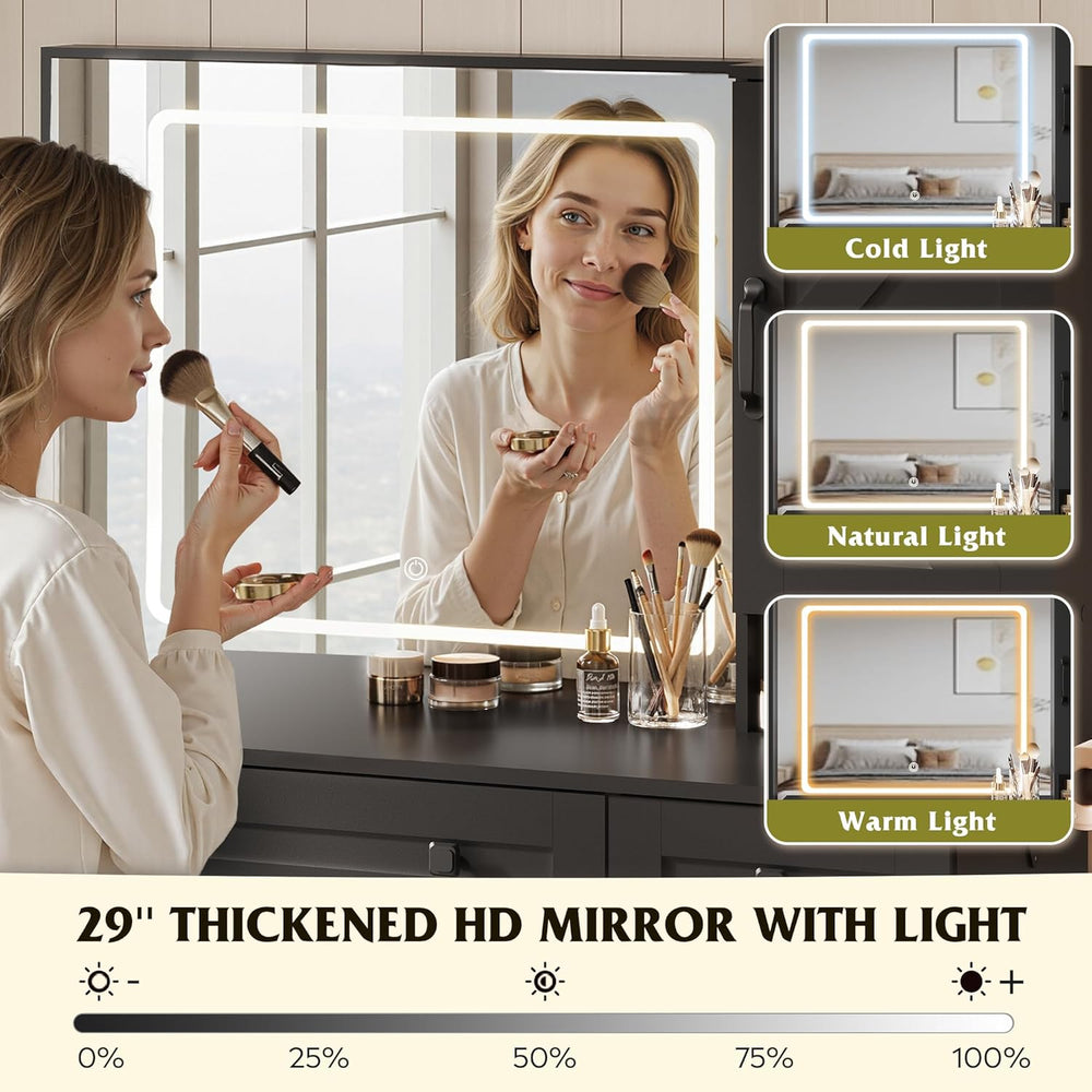 WLIVE Farmhouse Vanity Desk with LED Mirror & Stool, Black | Charging sta...