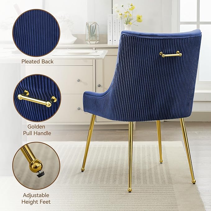 Velvet Dining Chairs Set of 2 Gold Legs,Upholstered Velvet Accent Chairs, Pleated Back Design & Gold Pull Handle, Mid Century Modern Chairs for Dining/Kitchen/Living Room,Blue