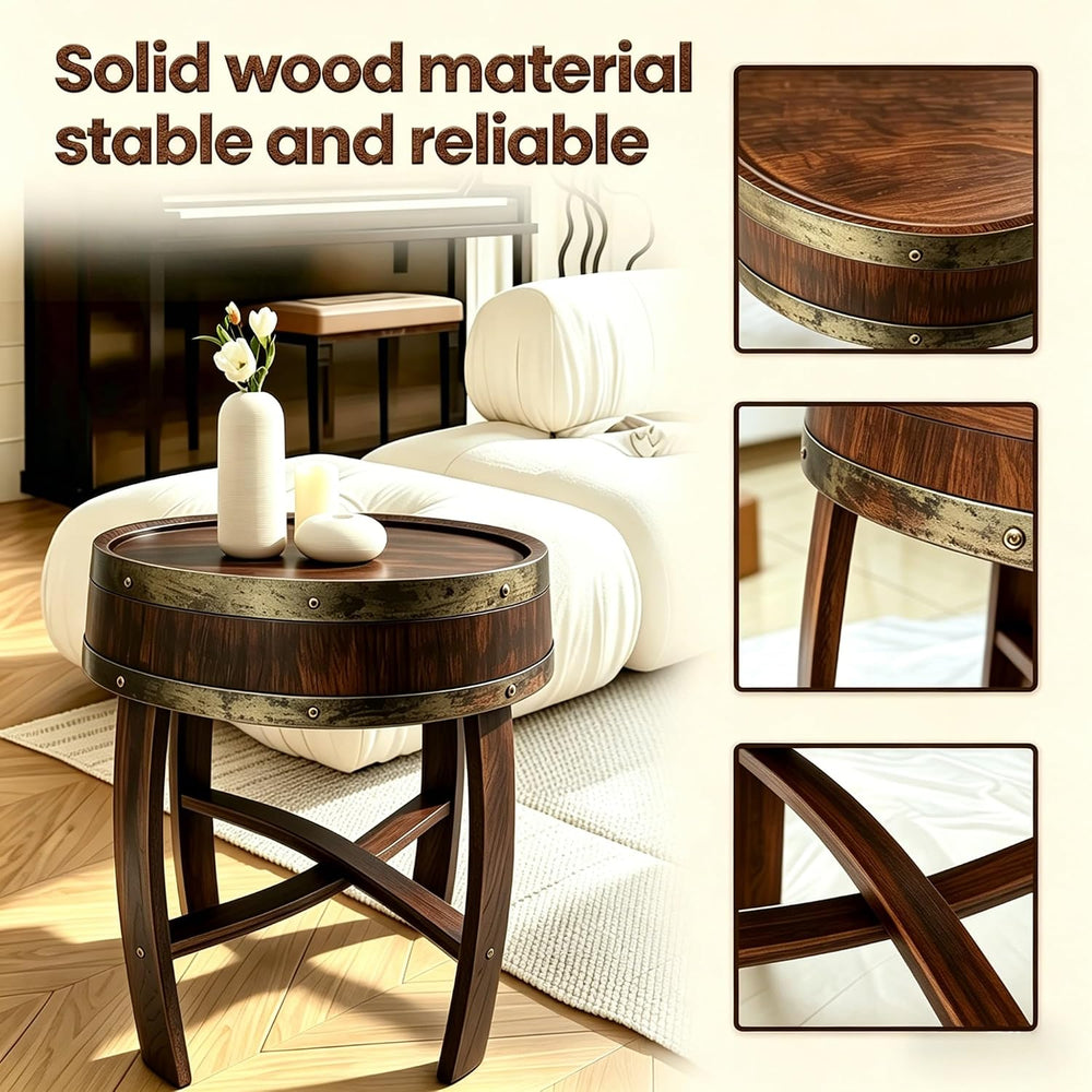 KANG DONG Rustic Round End Table, Whiskey Barrel End Table, Solid Wood Farmho...