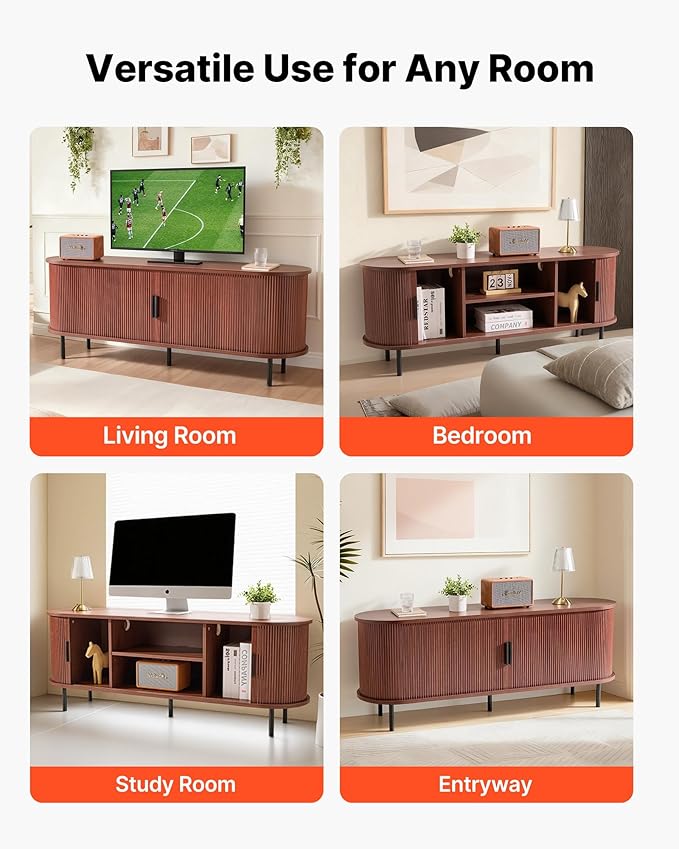 VEVOR Fluted TV Stand for TVs up to 65 inch, Mid-Century Modern Entertainment Center, Boho Media Console with Storage Cabinet & Sliding Tambour Door, Television Stand for Living Room, Bedroom, Walnut