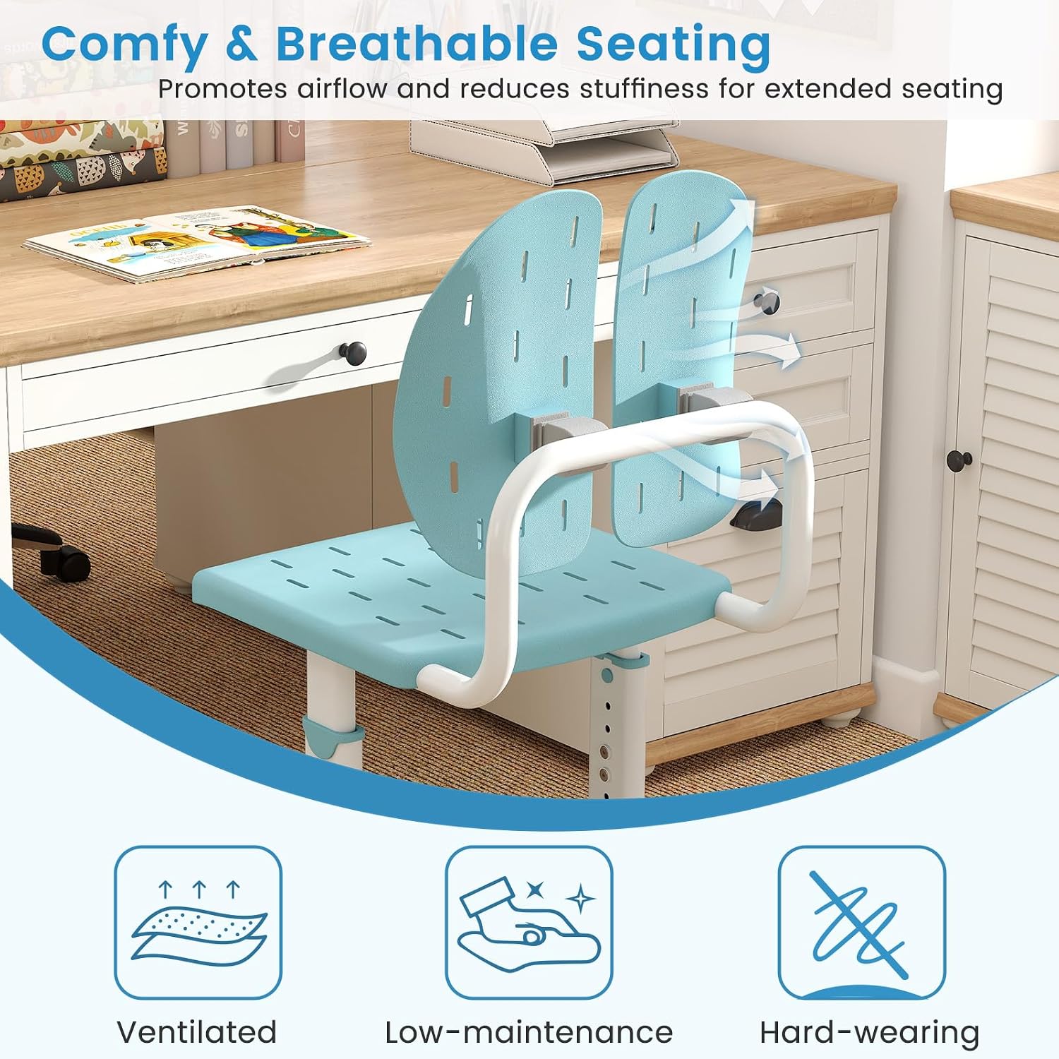 HONEY JOY Kids Desk Chair, Children Study Chair with Adjustable Height/Foot Pads, Adaptive Double Backrest, Kids Computer Chair for Teens Girls Boys, Home, School, Office (Blue)