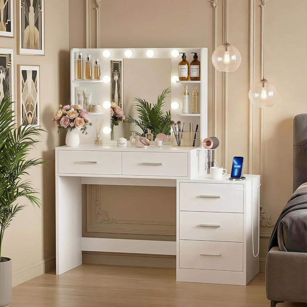 YESHOMY Makeup Vanity Desk with Mirror & Lights, Vanity Table with 5 Draw...
