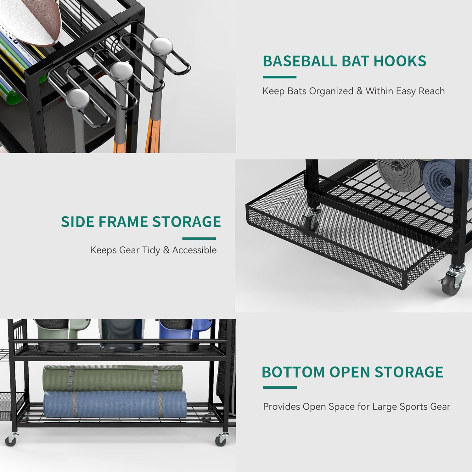 YITAHOME Multi-Functional Sports Organizer for Garage, Golf Gear Storage Rack for 3 Bags and Clubs, Ball Storage Bins with Wheels, Multi-Layer Sports Equipment Rack with Hooks