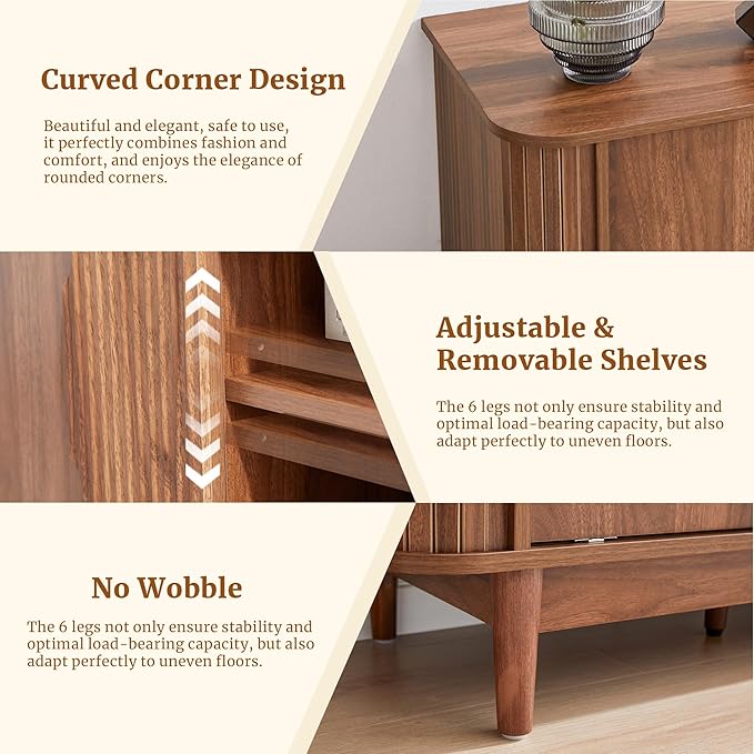 Turtle&Myrtle Mid Century Modern TV Stand 60”, Wood TV Console with Storage for TVs Up to 70 inches, Fluted Sliding Doors, Entertainment Center Media Cabinet for Living Room & Bedroom (Walnut Brown)