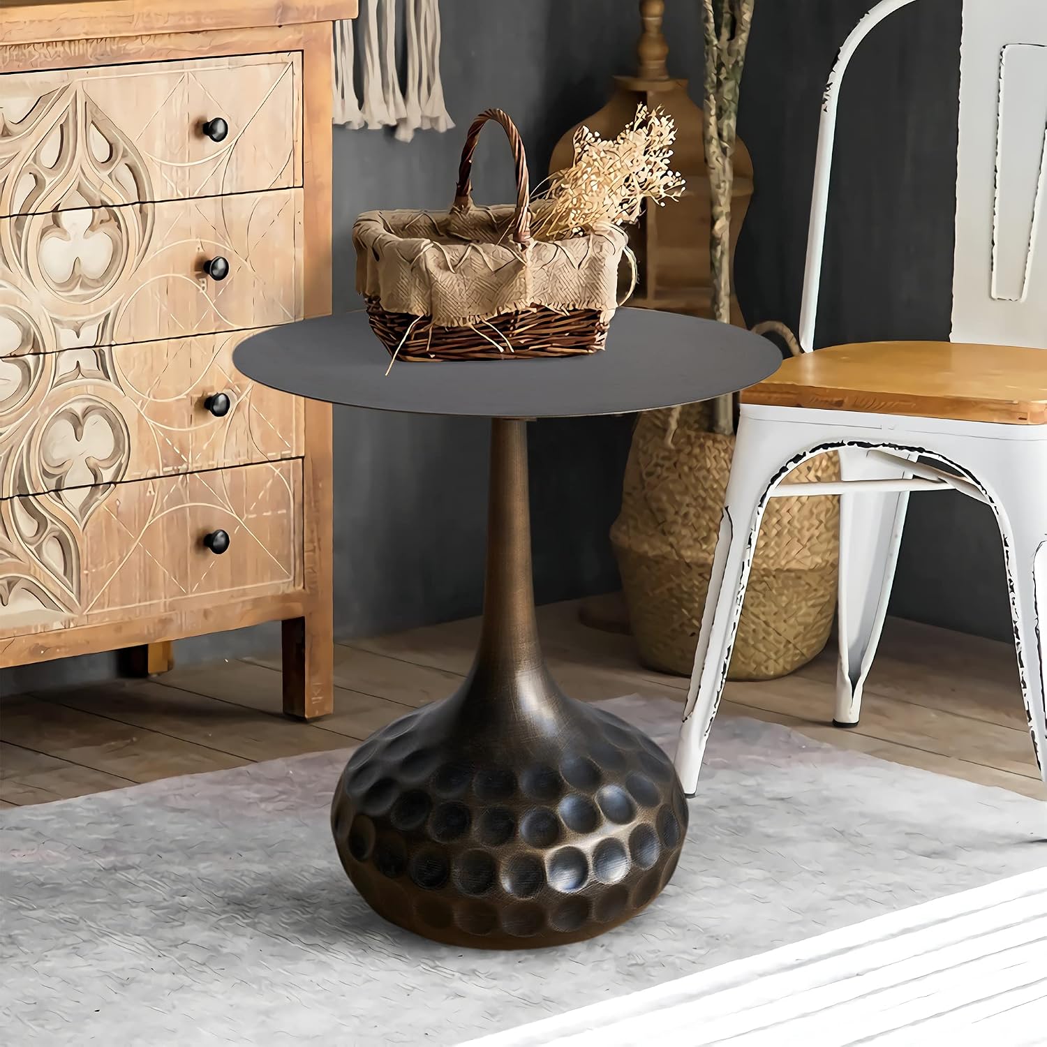 End Table, Modern Coffee Table, Iron Decorative Pedestal Metal Accent Table for Living Room/Bedroom/Balcony/Office/Indoor/Outdoor