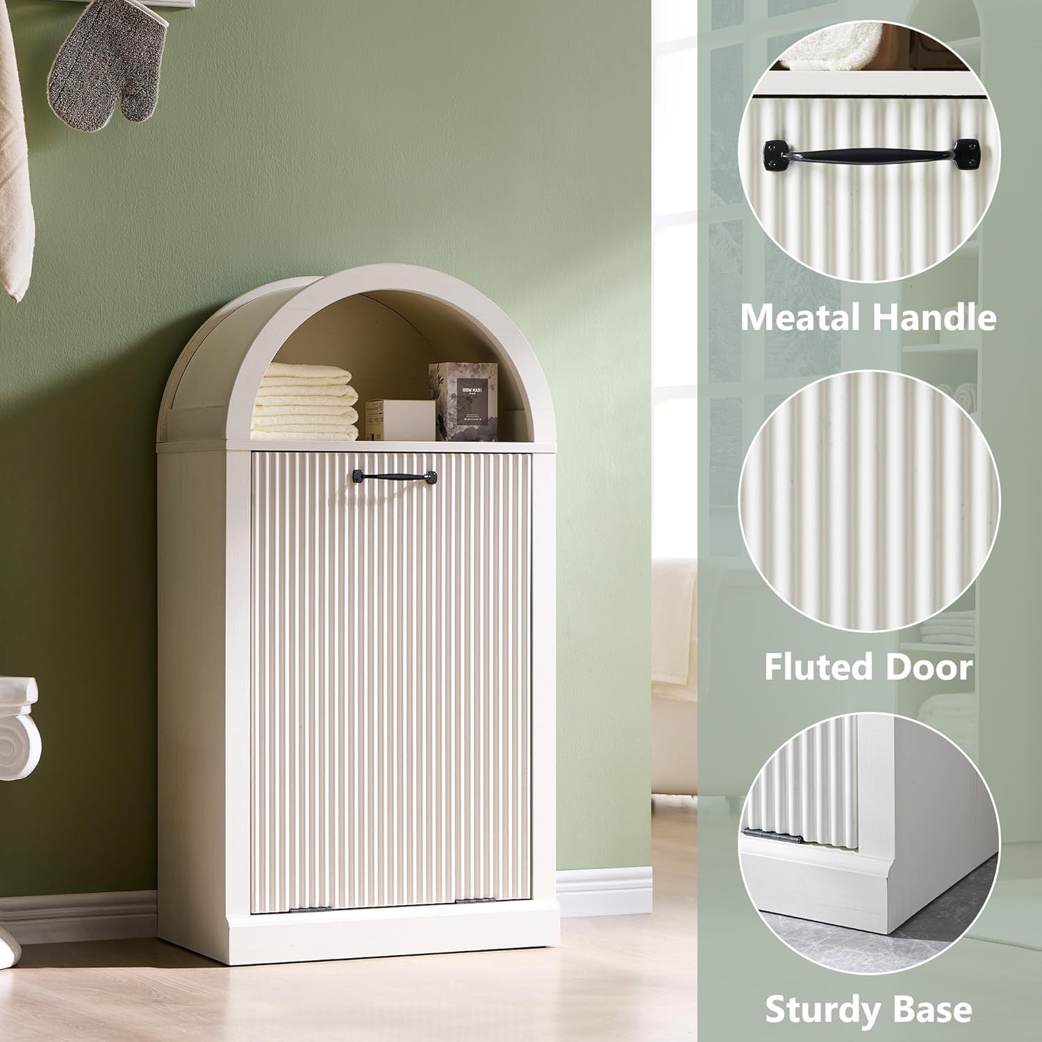 Arched Tilt-Out Trash Can Cabinet, Fluted 10 Gallon Trash Cabinet Set of 2, Modern Laundry Hamper, Hidden Garbage Can with Storage Basket for Kitchen, Living Room, White