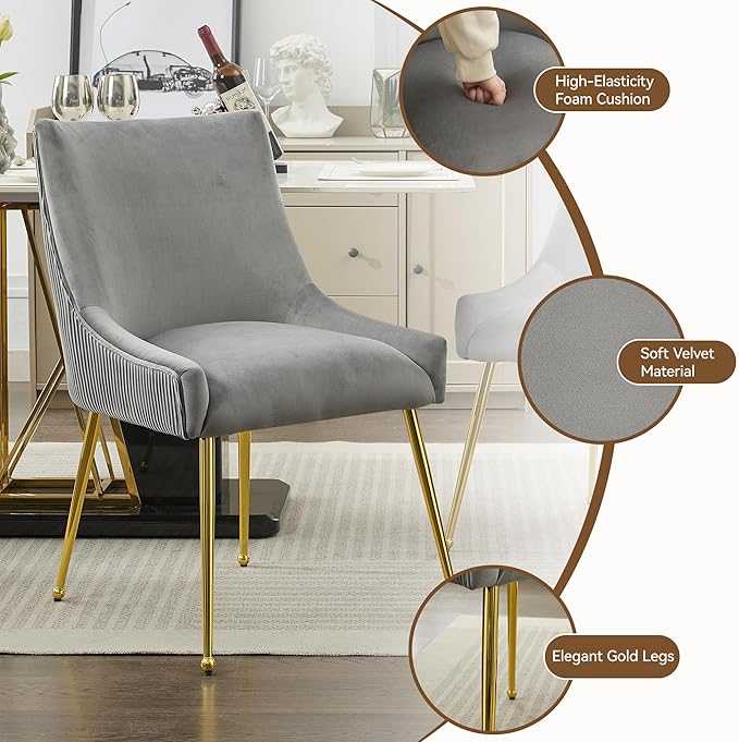 Velvet Dining Chairs Set of 2 Gold Legs,Upholstered Velvet Accent Chairs, Pleated Back Design & Gold Pull Handle, Mid Century Modern Chairs for Dining/Kitchen/Living Room,Light Grey