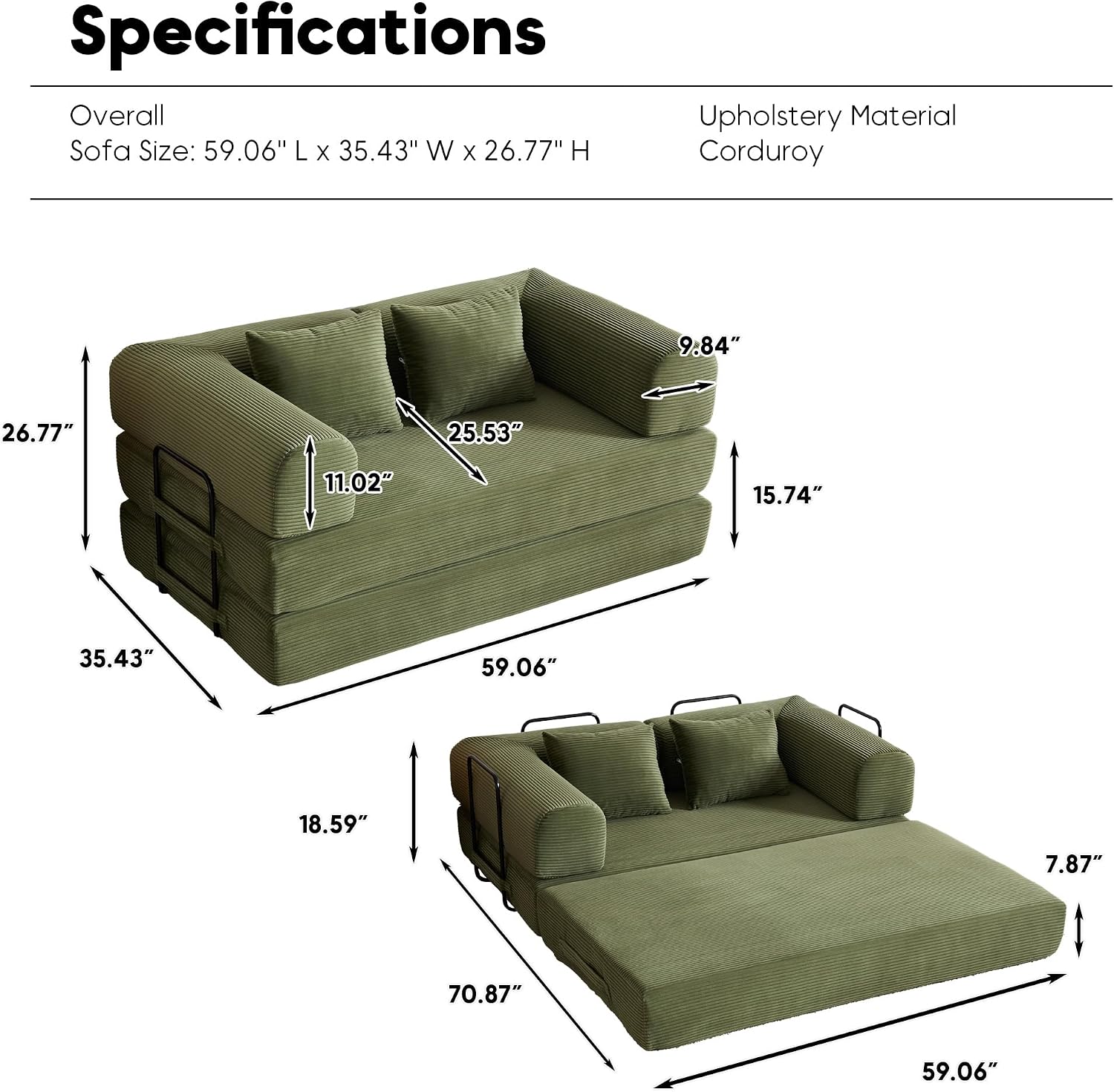 59" Convertible Floor Sofa Bed, Boneless Couches for Living Room, Green | Corduroy Loveseat Sleeper Floor Sofa, Modular Sectional Sofa, Futon Boneless Couch, Pull Out Couch, No Assembly Required