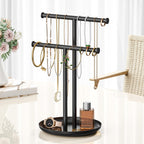 Necklace Rack Stand with Storage Tray - 2 Rods T-Shaped Jewelry Holder Stand for Bracelets, Earrings, Rings | Elegant Vanity & Dresser Top Storage for Women, Black.