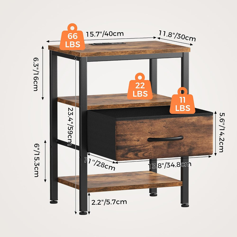 OLIXIS Nightstand with Charging Station, Beside Table with Fabric Drawer | 3-...