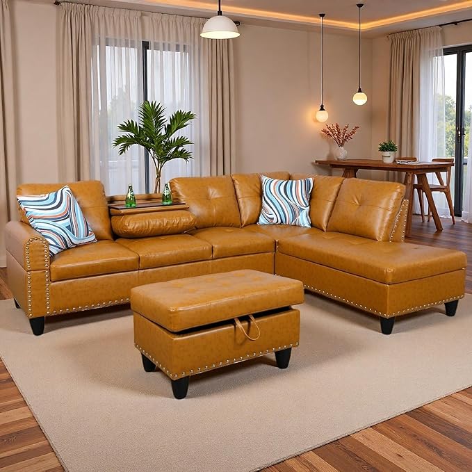 Sectional Couches for Living Room with Movable Chaise & Storage Ottoman - 97.5" Leather L Shaped Couches for Living Room Apartment, Home Modular Sectional Sofas with Cup Holder, Ginger