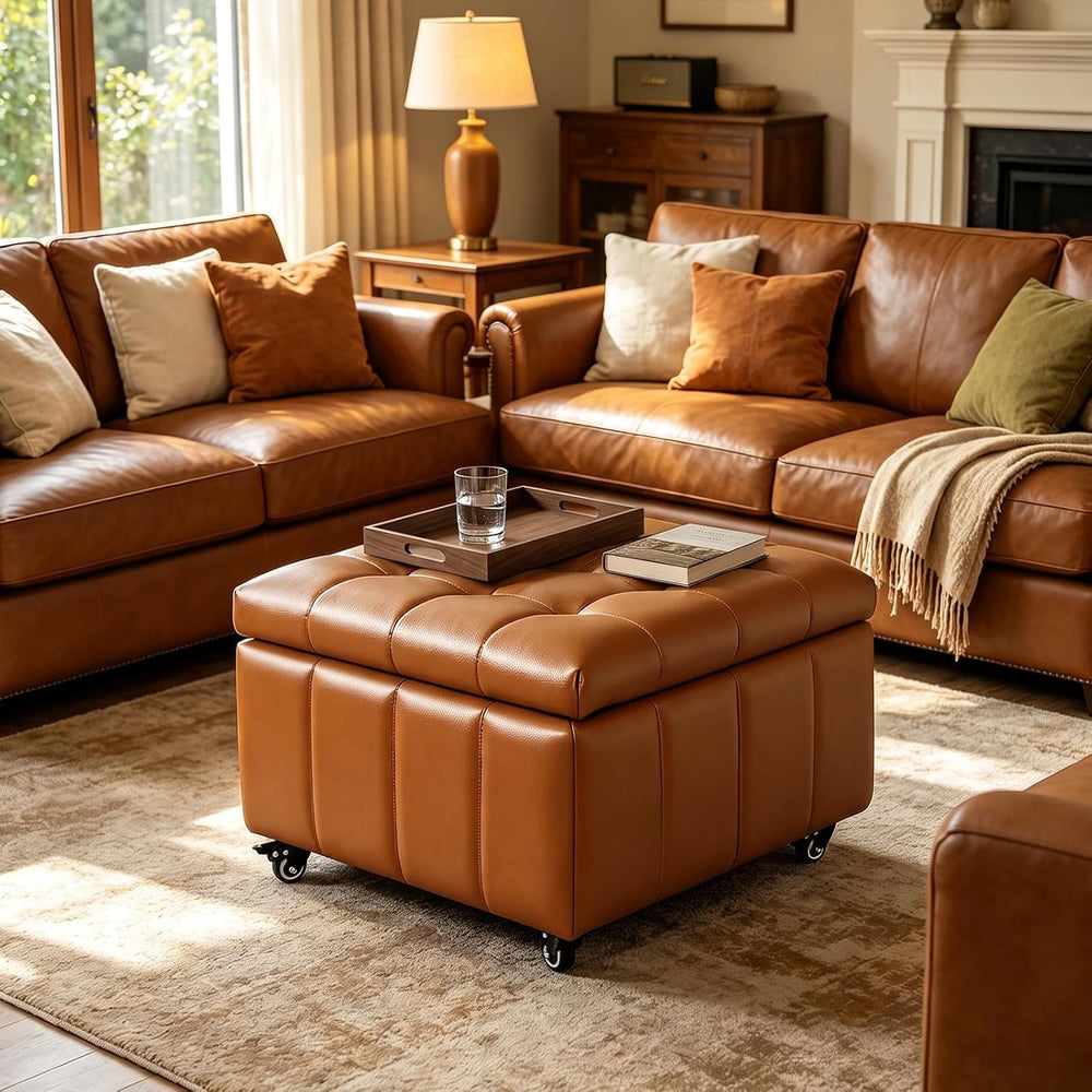 Square Leather Ottoman with Storage and Wheels,360°Rolling ottoman,Faux Leath...