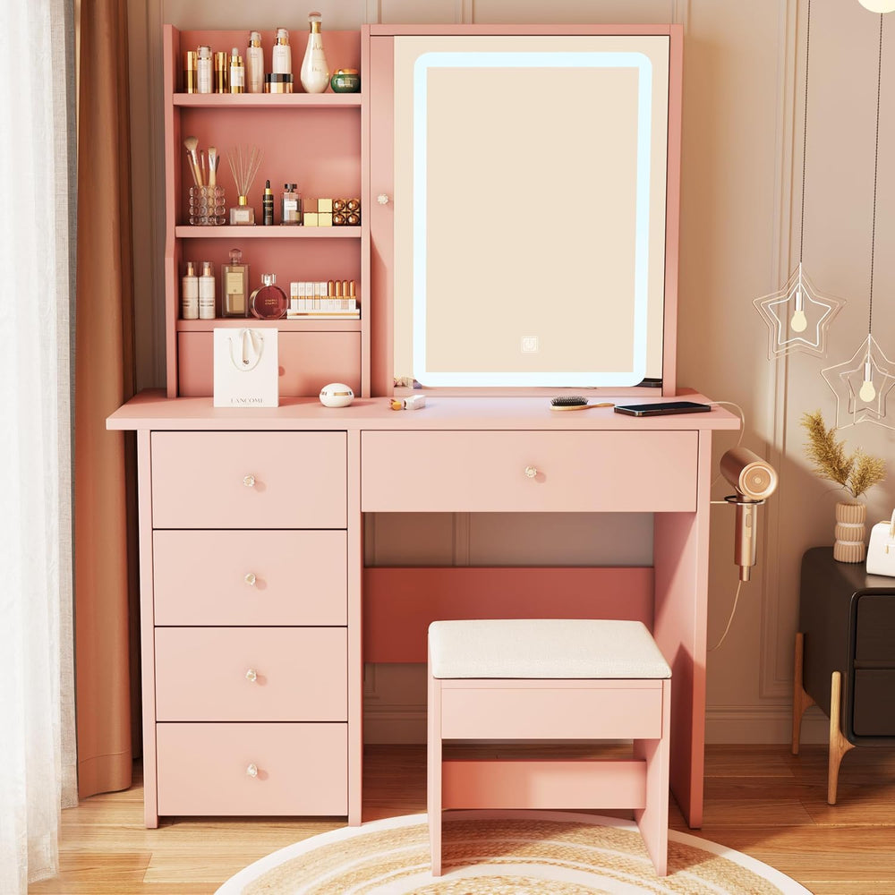 Vanity Desk with Mirror and LED Lights, Makeup Vanity Set with Power Outlet, ...