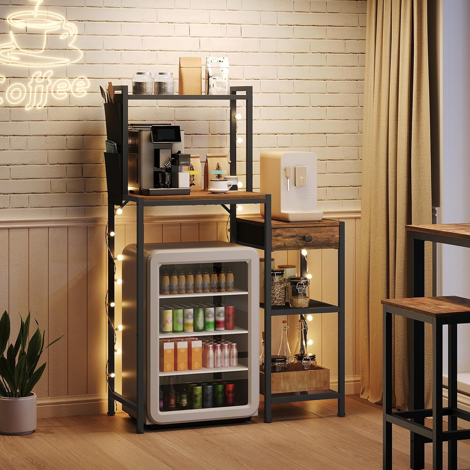 MAHANCRIS Mini Fridge Stand, Bakers Rack with Storage, 6-Tier Mini Fridge Cabinet, Coffee Bar Station with 1 Drawer, Microwave Stand for Kitchen, Dining Room, Rustic Brown and Black RSHR5401