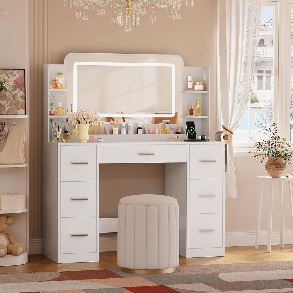 YESHOMY Vanity Desk with Large Mirror,11 Lights,Outlet,7 Drawers,(White