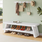47 in Long Entryway Bench with Shoe Storage, White | 2-Tier Wood Entry Bench for Hallway, Front Door, Bedroom, Living Room, Closet, Mudroom, Modern Farmhouse Style