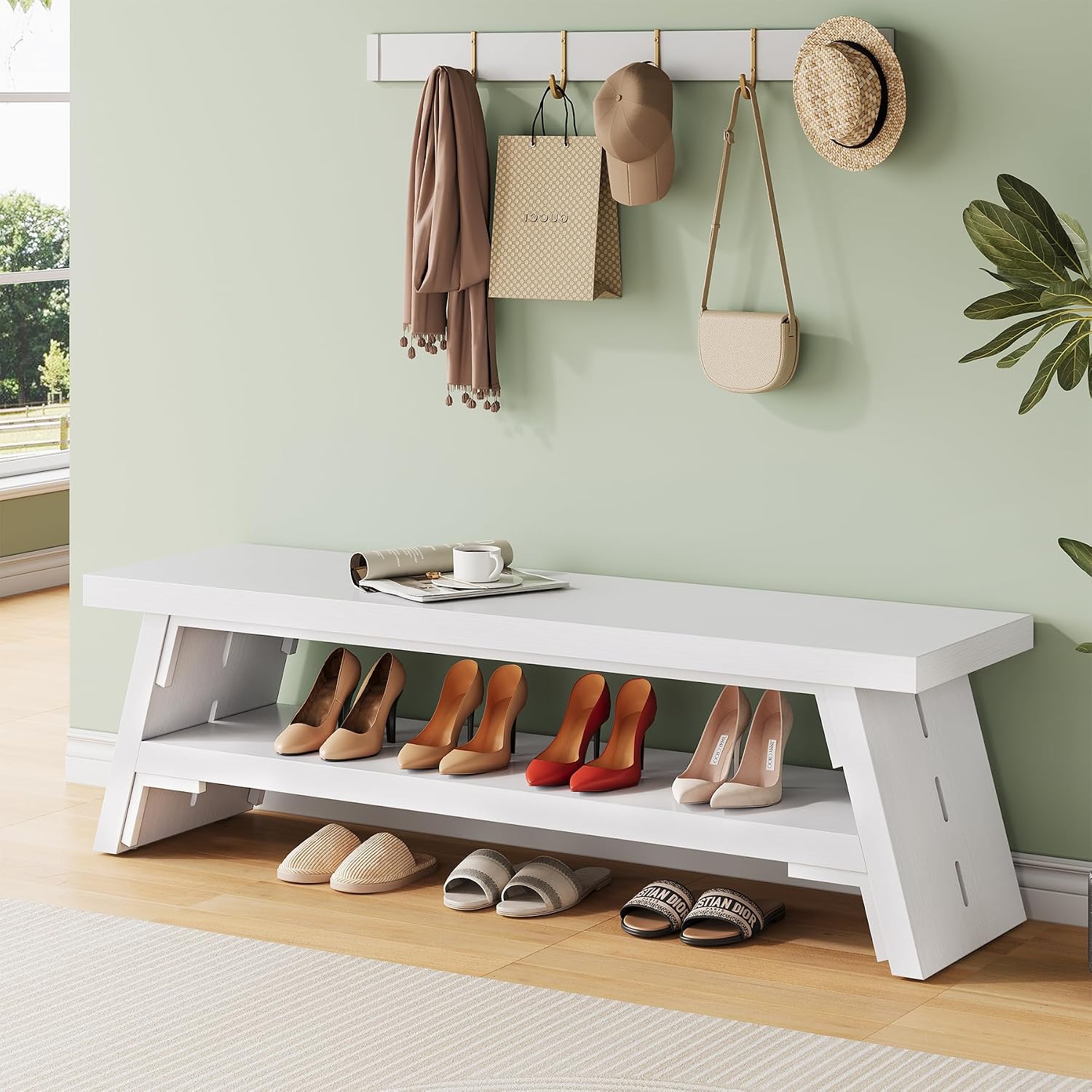 47 in Long Entryway Bench with Shoe Storage, White | 2-Tier Wood Entry Bench for Hallway, Front Door, Bedroom, Living Room, Closet, Mudroom, Modern Farmhouse Style