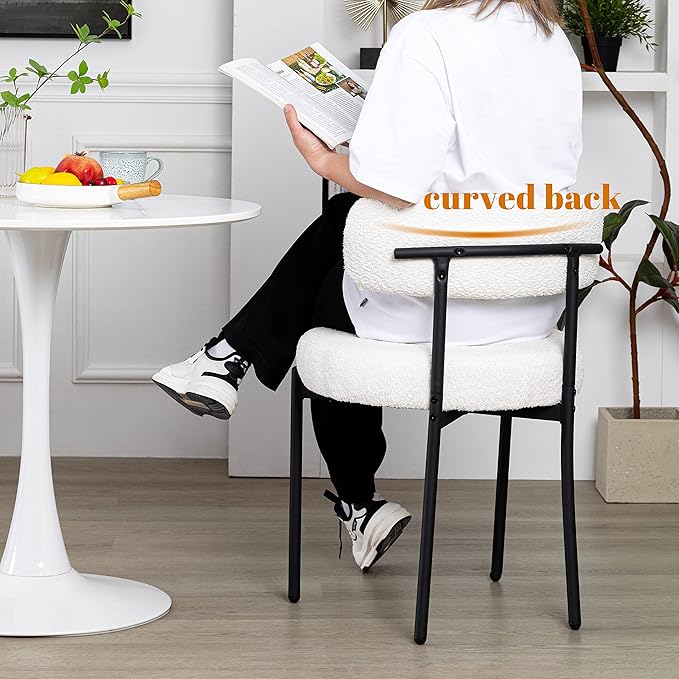 DYHOME White Boucle Dining Chairs Set of 2, Mid Century Modern Kitchen Chairs, Upholstered Dining Room Chairs with Curved Backrest and Black Metal Legs