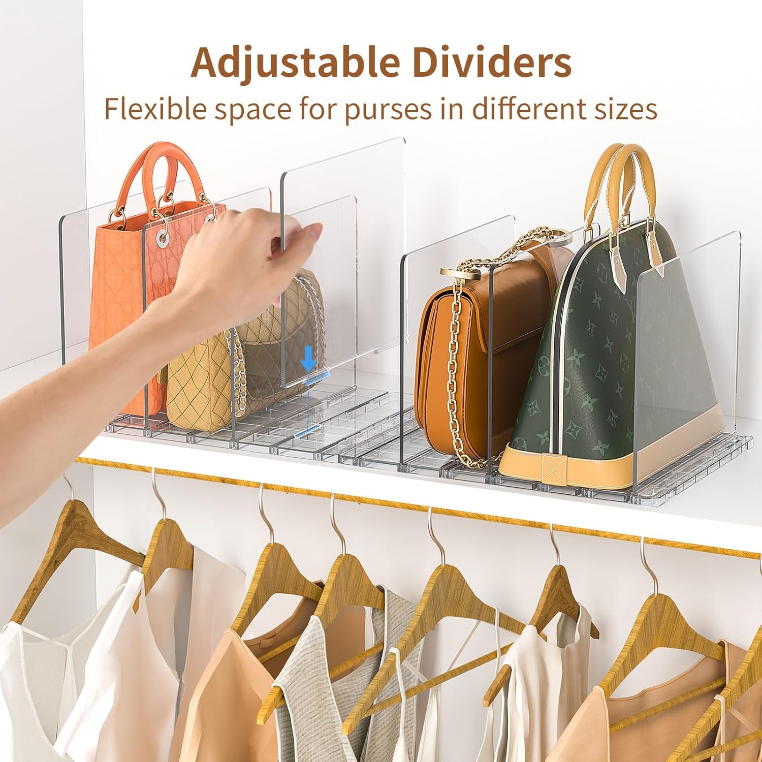 GoMaihe Bag & Purse Organizer for Closet: 4 Sets Adjustable Clear Handbag Storage Shelf - Plastic Clutch Dividers | Minimal | Keep Purses upright