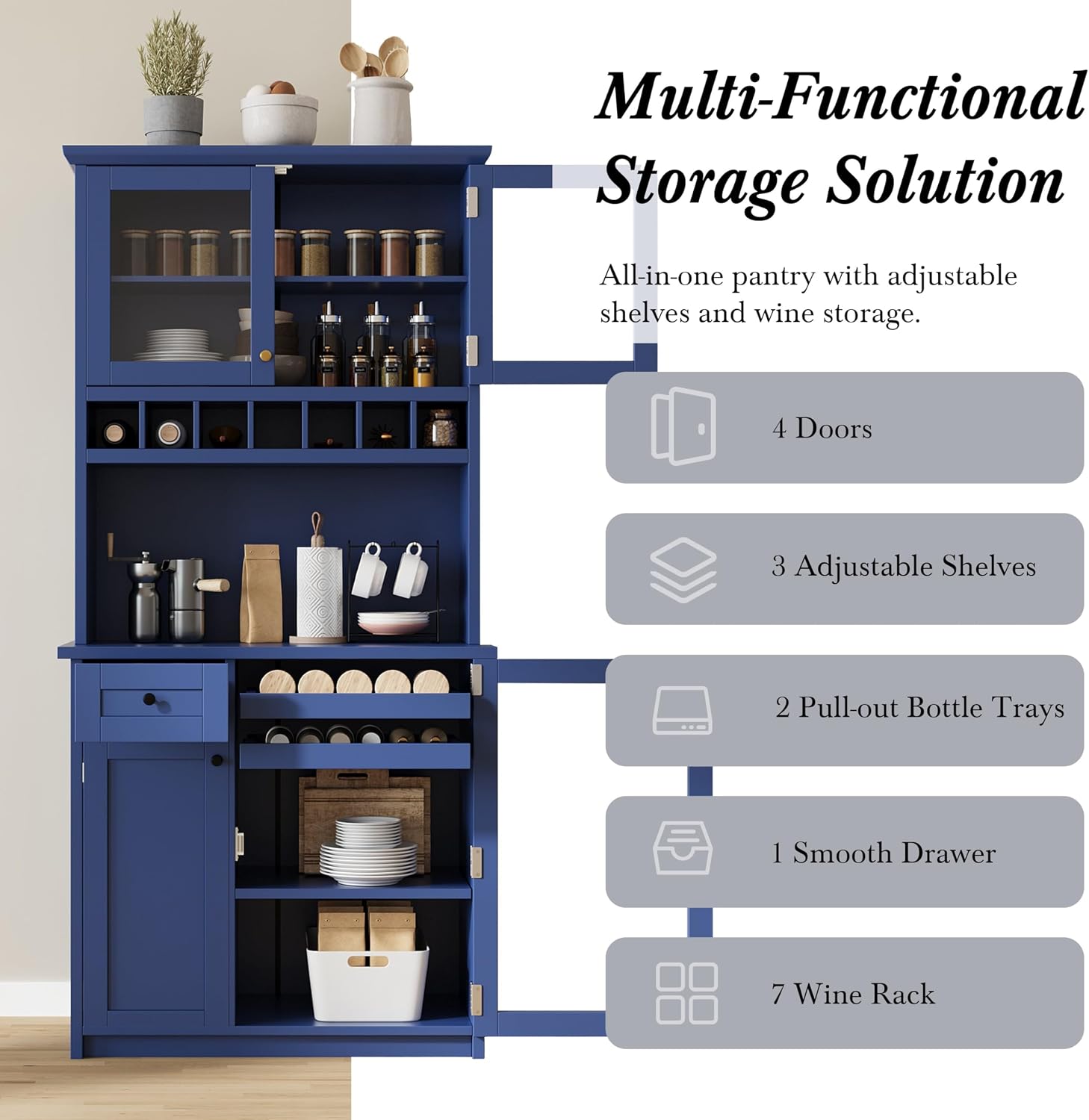 74.8 Inch Tall Farmhouse Freestanding Buffet with Hutch, Tall Kitchen Pantry Cabinet, Dining Room Storage Cupboard with Wine Rack and Adjustable Shelves for Dining Room, Living Room,Blue