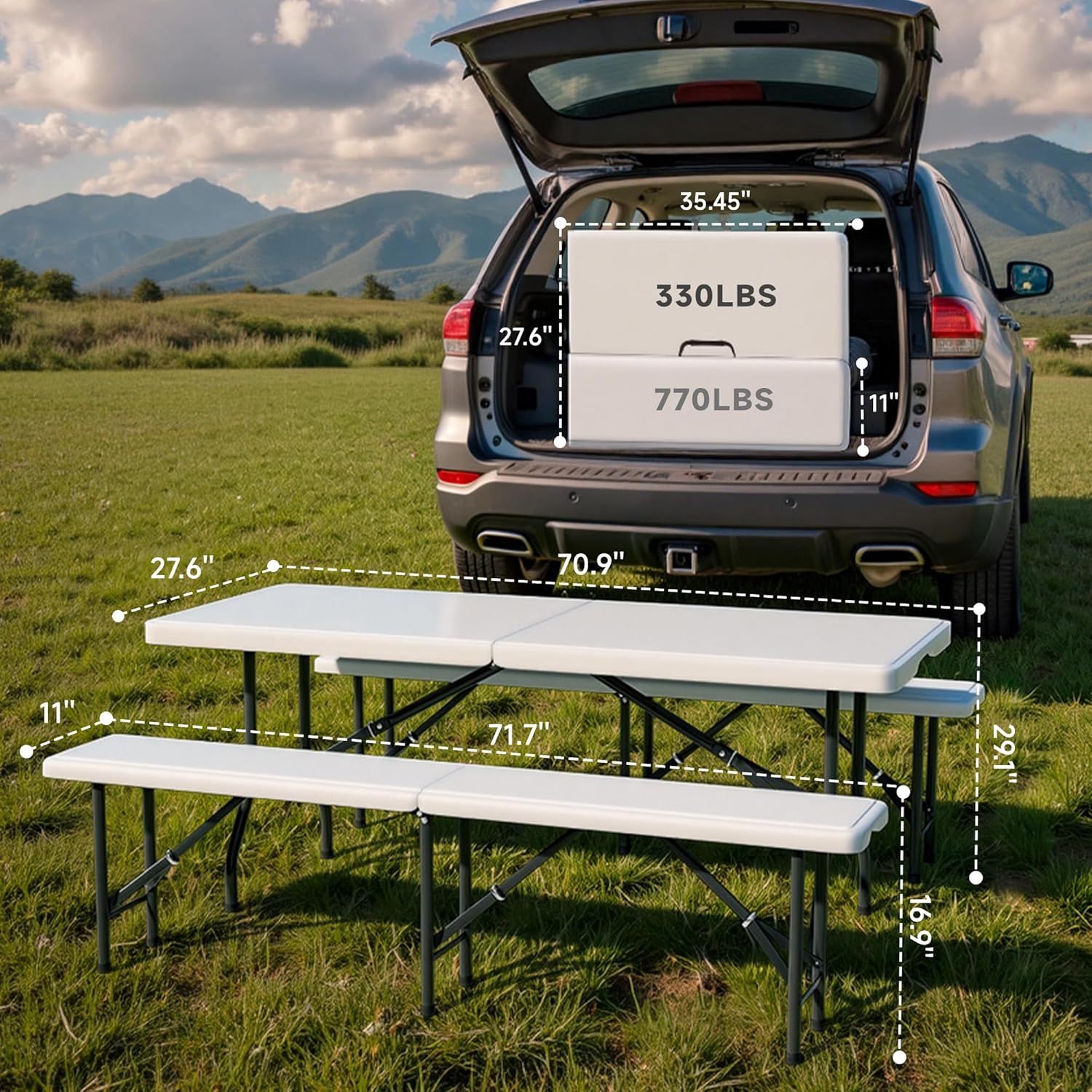 6FT Folding Table Set with 2 Folding Benches, Locking Safety Design, Heavy Duty HDPE Materials, 3-Piece Portable Folding Furniture for Camping, Picnic, Party, Indoor & Outdoor,White