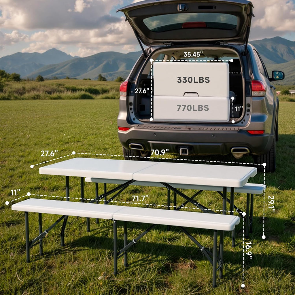 6FT Folding Table Set with 2 Folding Benches, Locking Safety Design, Heavy Duty HDPE Materials, 3-Piece Portable Folding Furniture for Camping, Picnic, Party, Indoor & Outdoor,White