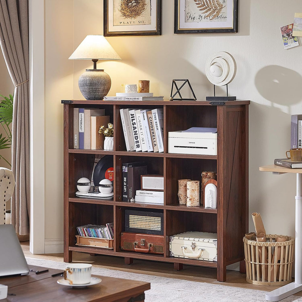 Joaxswe 9 Cube Bookcase, Farmhouse 47 Inch Wide Brown Walnut Bookshelf, Woode...