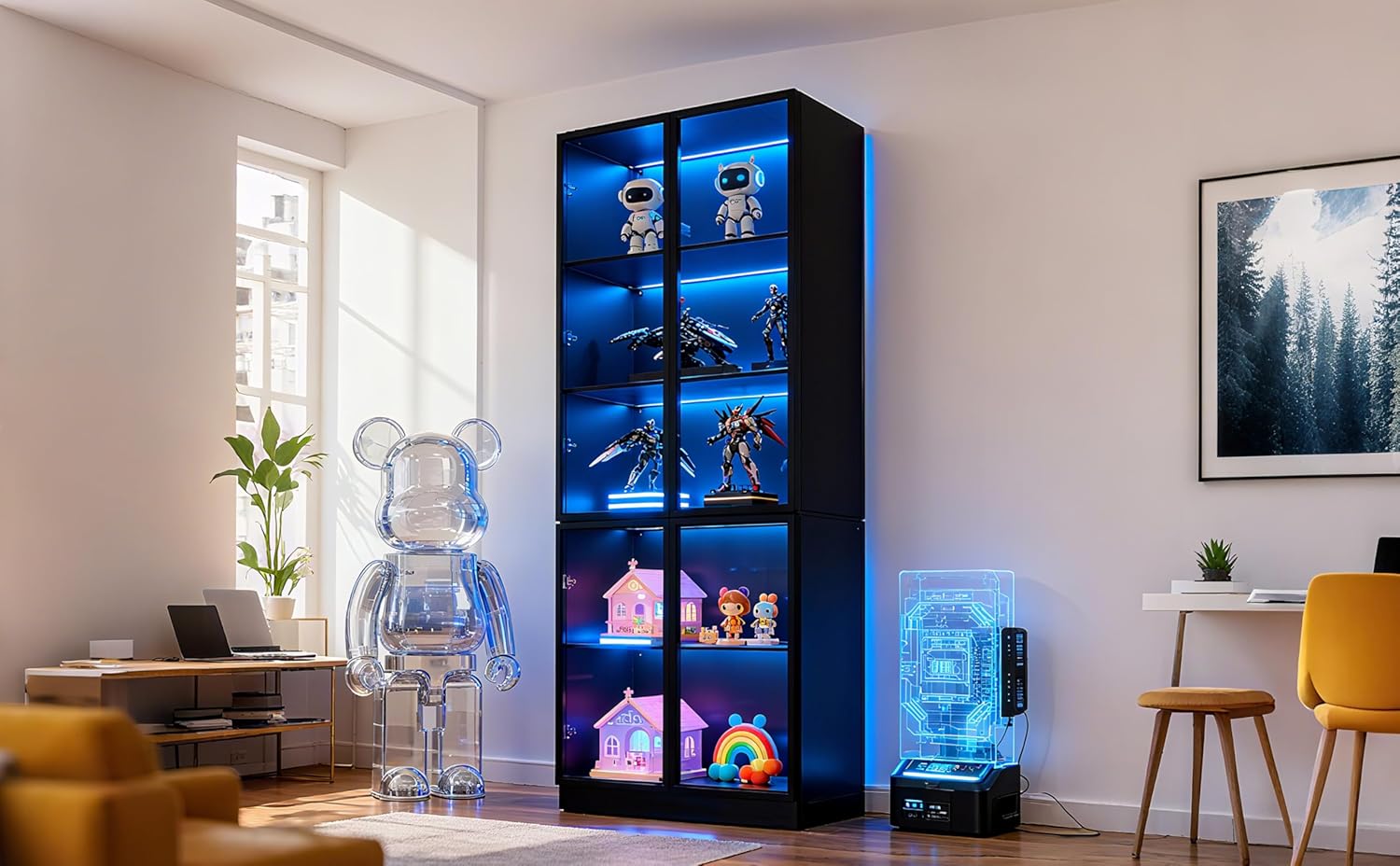 79'' Tall Glass Display Cabinet with LED Lights,Showcase with Glass Doors,5-Tier Curio Cabinet for Collectibles Bookcase,Storage Shelf, Bookcase (Black- 5 Layers, Large)