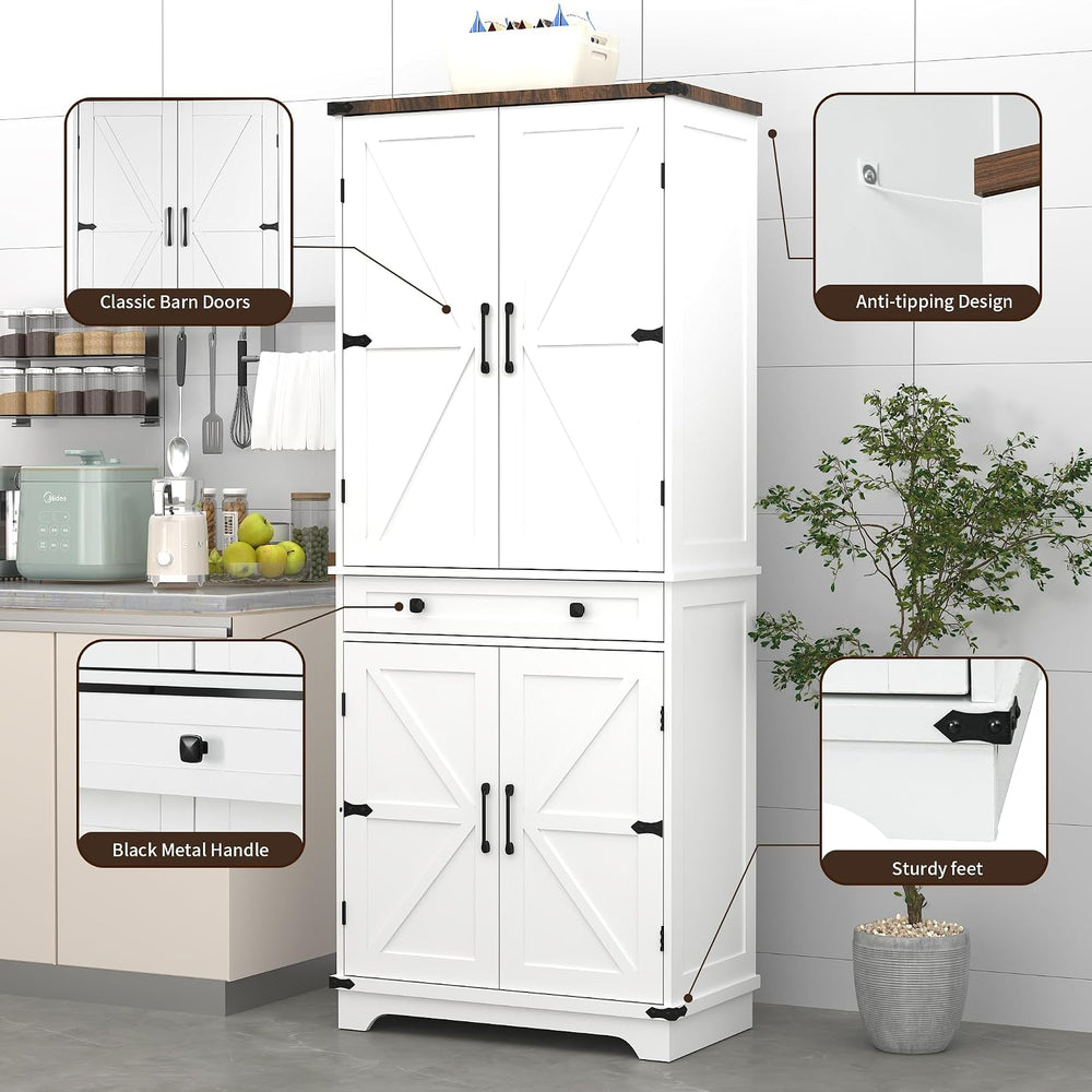 71" Tall Kitchen Pantry Storage Cabinet with Drawer & 4 Barn Doors, ...