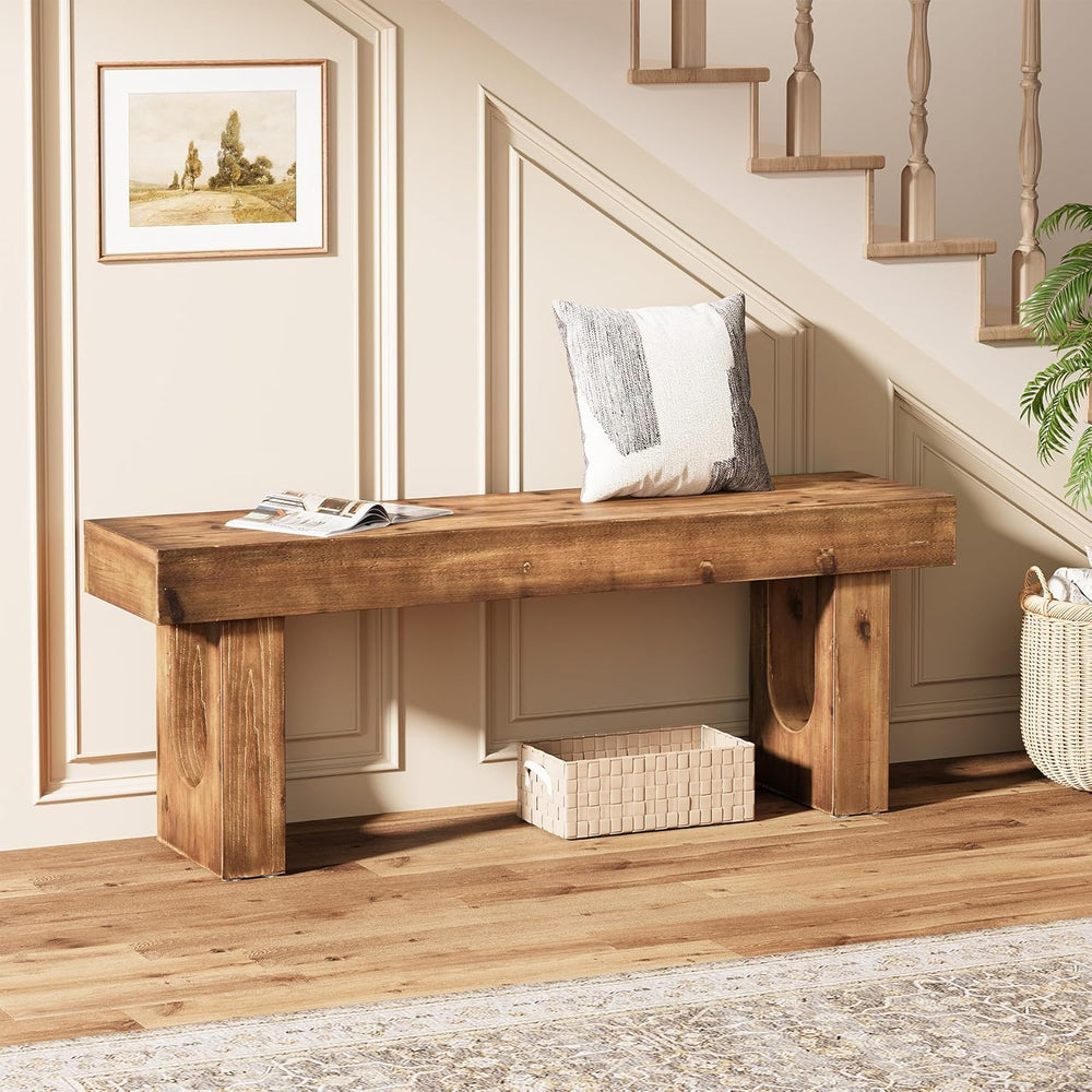 Solid Wood Shoe Bench, 47" Long Farmhouse Entryway Bench with Sturdy Leg...