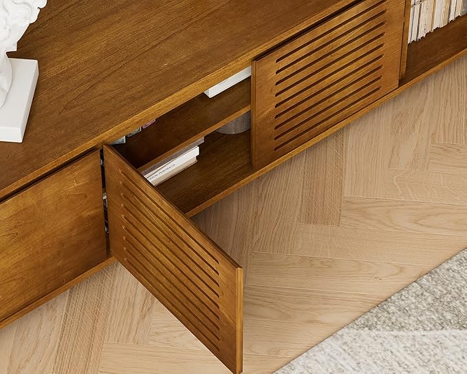 LKTART Mid Century Modern TV Stand,Extendable Entertainment Center for 65/70/75/80 Inch TV,Media Console for Living Room&Bedroom, Brown Ebony