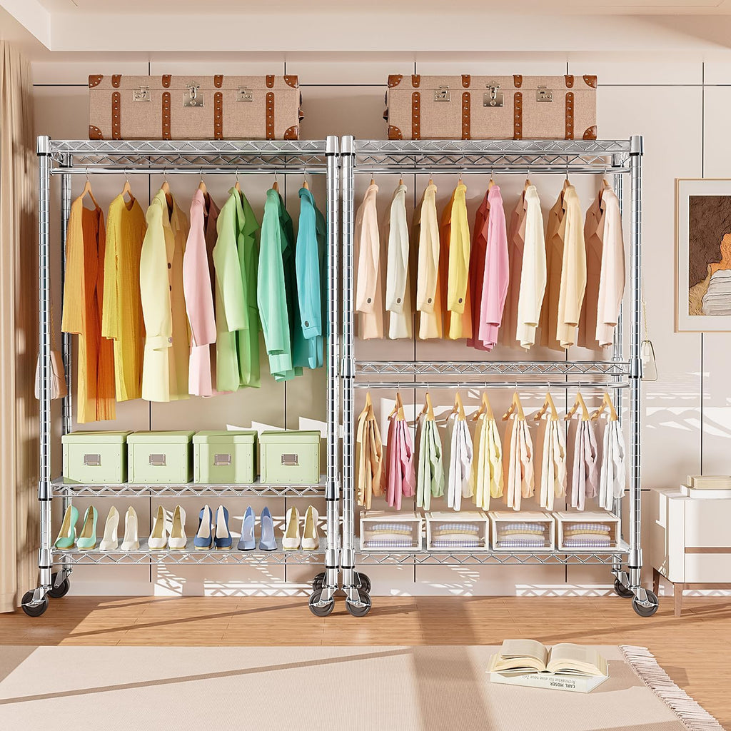 Heavy Duty Rolling Garment Rack 3 Tiers Adjustable Wire Shelving Clothes Rack with Rods and Side Hooks,Storage Closet Clothing Rack with Wheels Chrome 17.7" D x 47.2" W x 83.6" H