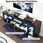 63" Floating High Gloss LED TV Stand for 75" TVs, Wall-Mounted Entertainment Center, Modern Media Console with Open Adjustable Glass Shelf and Hidden Storage Cabinet, Black