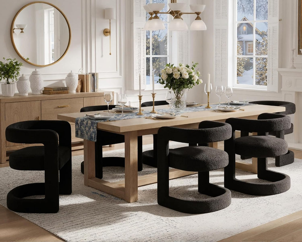 Black Barrel Dining Chairs Set of 6, Modern Boucle Upholstered Dining Room Ch...