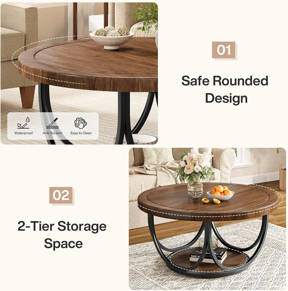 Tribesigns Round Coffee Table with 2 Tiers, 31.5" Wooden Circle Accent C...