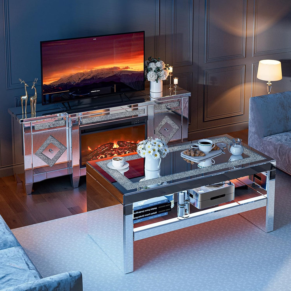 IKIFLY Mirrored Coffee Table with Mirror Crystal Board, Glass Rectangle End T...