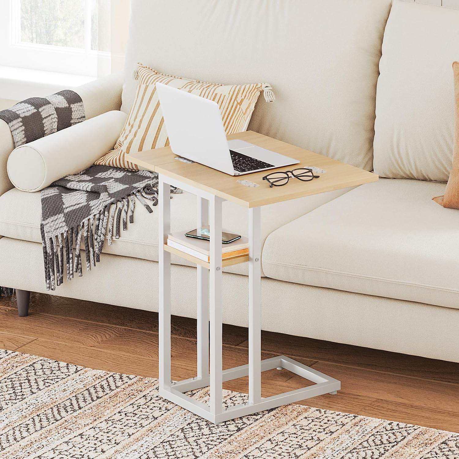 HOOBRO Foldable C Shaped End Table, C Shaped Side Table with Storage Shelf, Small Snack Table, Slide Under Couch Table for Sofa, Living Room Bedroom Small Spaces Easy Assembly, Natural WN29SF01