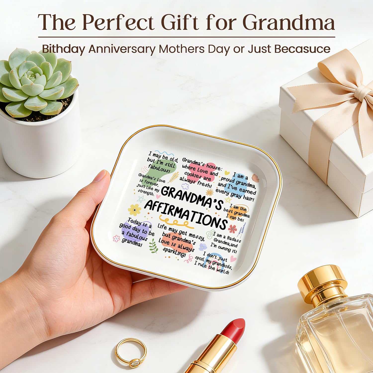 Gifts for Grandma Birthday Christmas Mothers Day Appreciation Grandma Gifts | Grandma's Affirmations Ring Dish 4", Ceramic