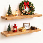 Fun Memories 24 Inch Floating Shelves, Solid Elm Wood Wall Shelf for Home Decor, Rustic Bathroom Shelves Set of 2, Heavy-Duty Storage Shelf for Kitchen, Bedroom, Living Room